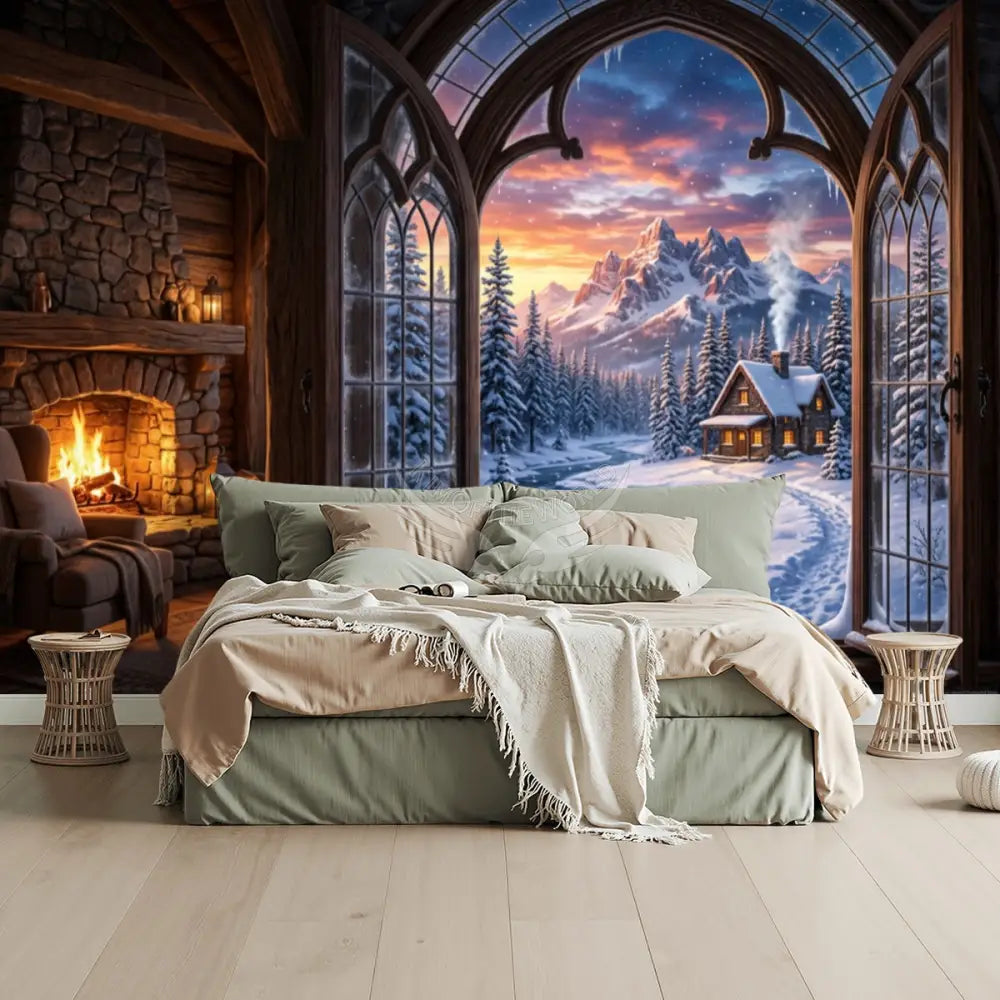 3D Winter Sunset Village Fireplace Unpasted Mural Wallpaper 144’’x100’’ 144’’x100’’ Wall Coverings