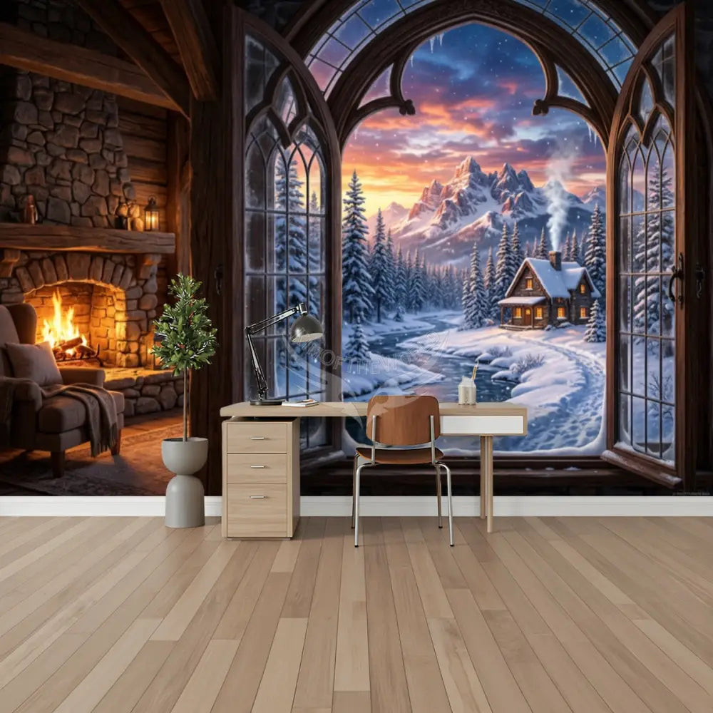 3D Winter Sunset Village Fireplace Unpasted Mural Wallpaper 144’’x100’’ 144’’x100’’ Wall Coverings