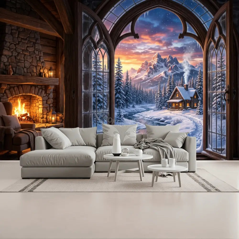 3D Winter Sunset Village Fireplace Unpasted Mural Wallpaper 144’’x100’’ 144’’x100’’ Wall Coverings