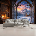 3D Winter Sunset Village Fireplace Unpasted Mural Wallpaper 144’’x100’’ 144’’x100’’ Wall Coverings