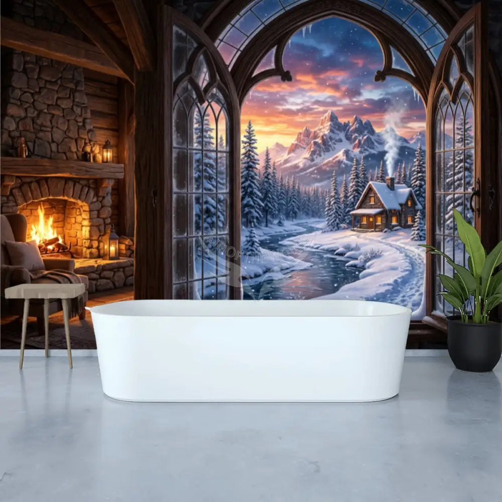 3D Winter Sunset Village Fireplace Unpasted Mural Wallpaper 144’’x100’’ 144’’x100’’ Wall Coverings