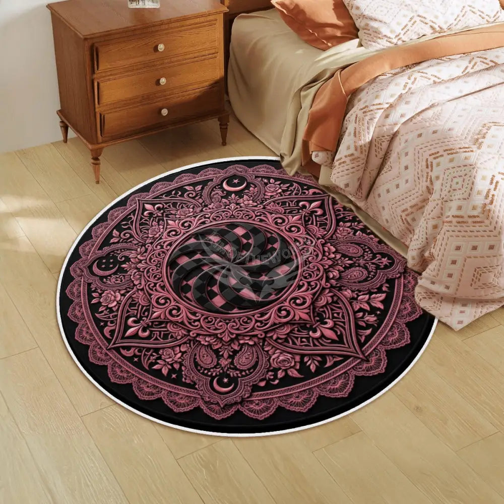 3G Gothic Pink and Black Pinwheel Floral Steampunk Soft Round Area Rug with White Border Rugs & Mats