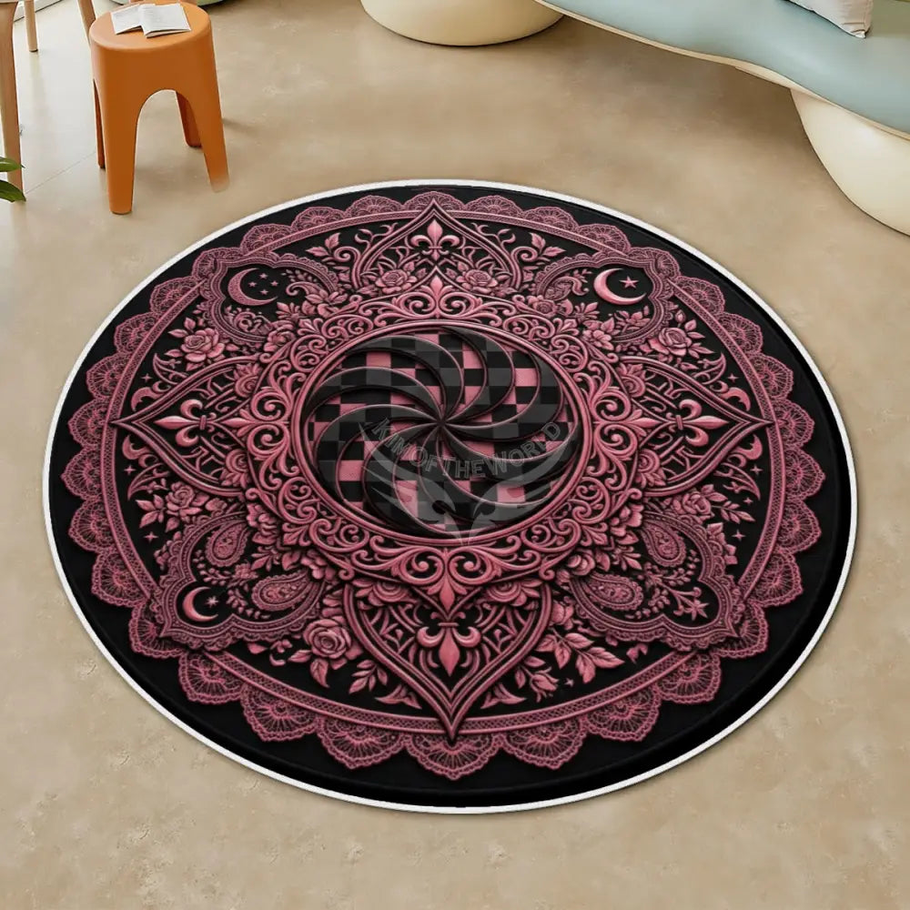 3G Gothic Pink and Black Pinwheel Floral Steampunk Soft Round Area Rug with White Border Rugs & Mats