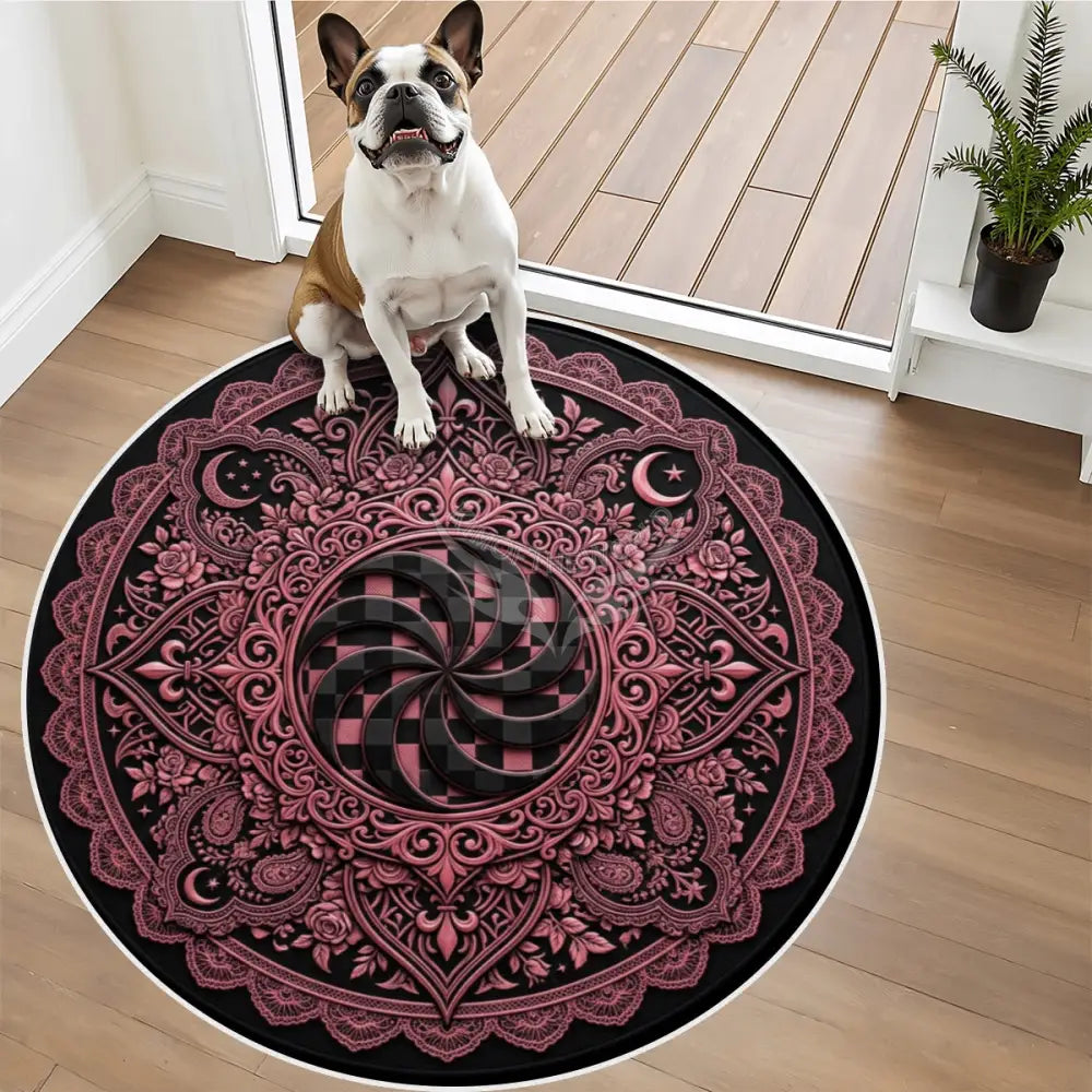 3G Gothic Pink and Black Pinwheel Floral Steampunk Soft Round Area Rug with White Border Rugs & Mats