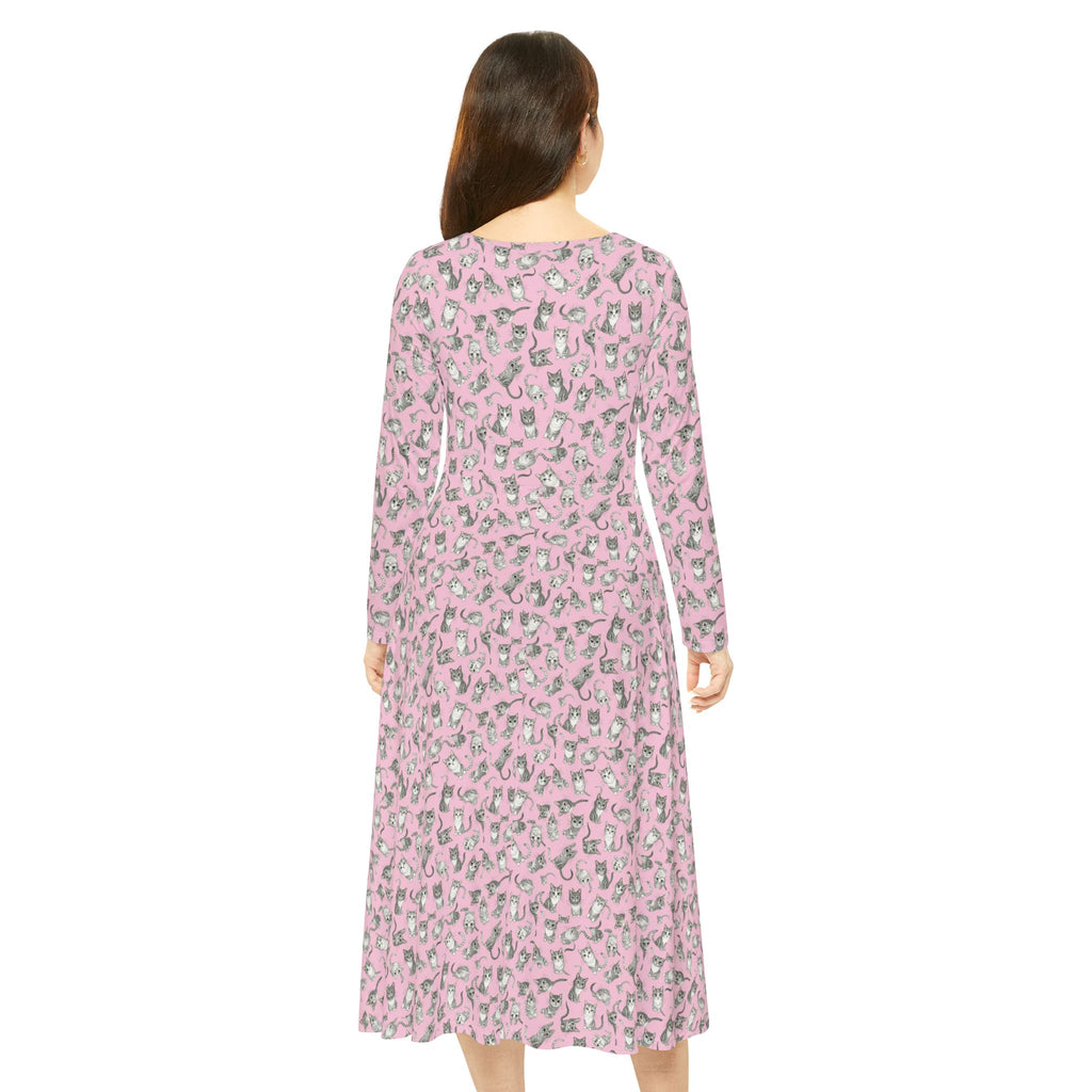 Pink Kitty Cat Tile  Wallpaper Print Dress – Women's Long Sleeve AOP
