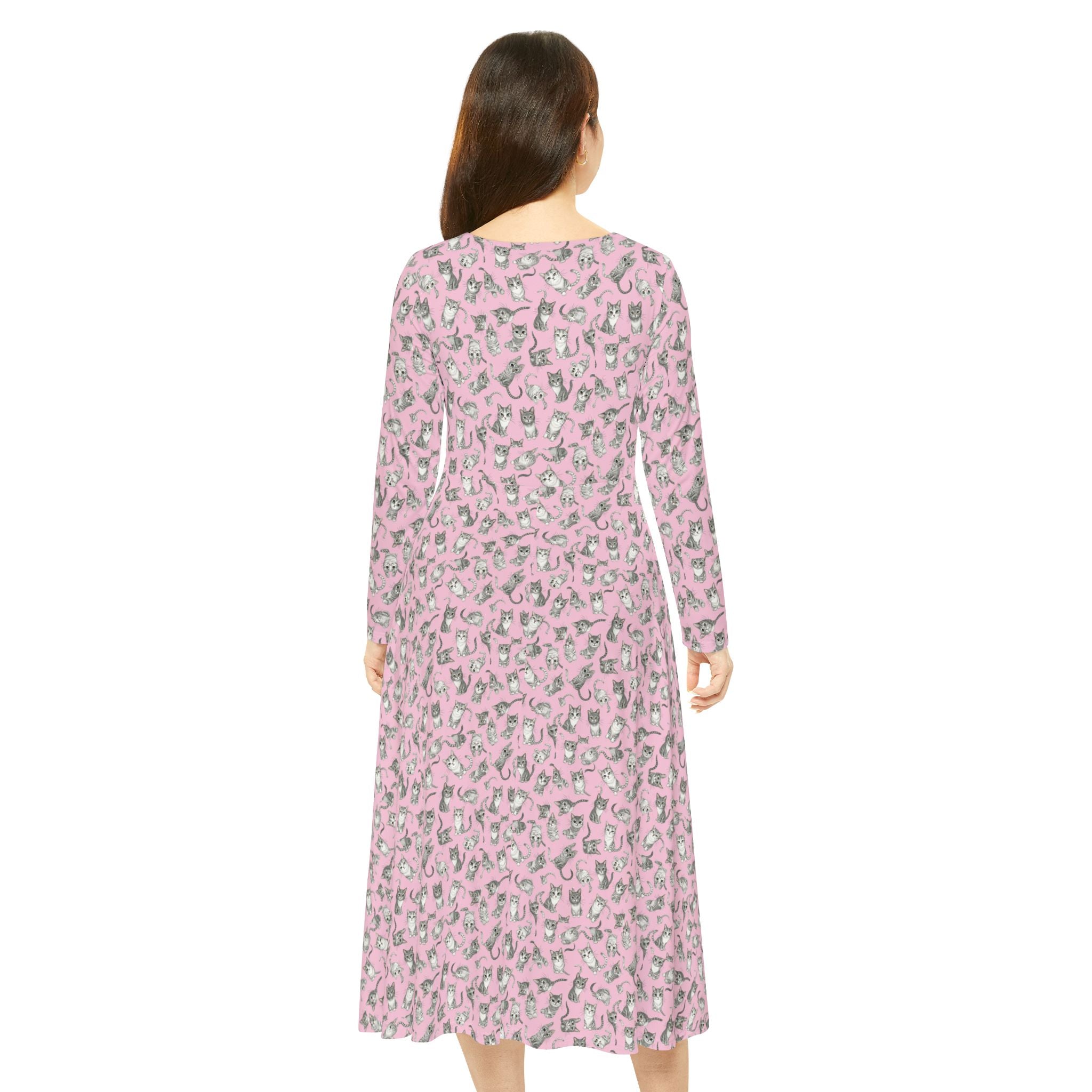 Pink Kitty Cat Tile  Wallpaper Print Dress – Women's Long Sleeve AOP