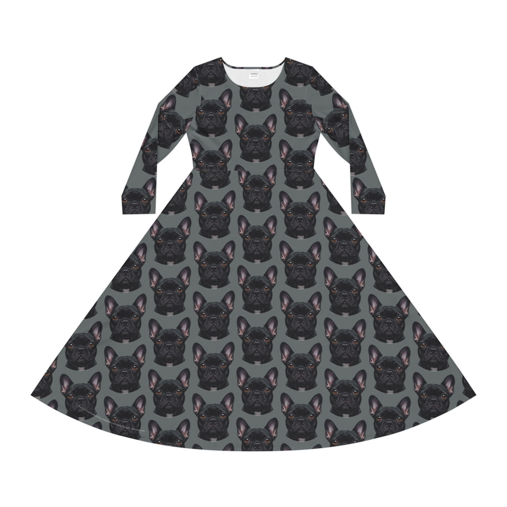 Black Frenchie French Bulldog Grey Wallpaper Print Dress – Women's Long Sleeve AOP
