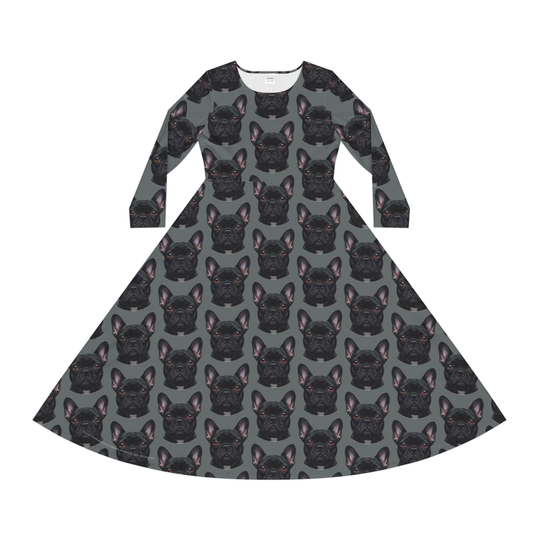 Black Frenchie French Bulldog Grey Wallpaper Print Dress – Women's Long Sleeve AOP