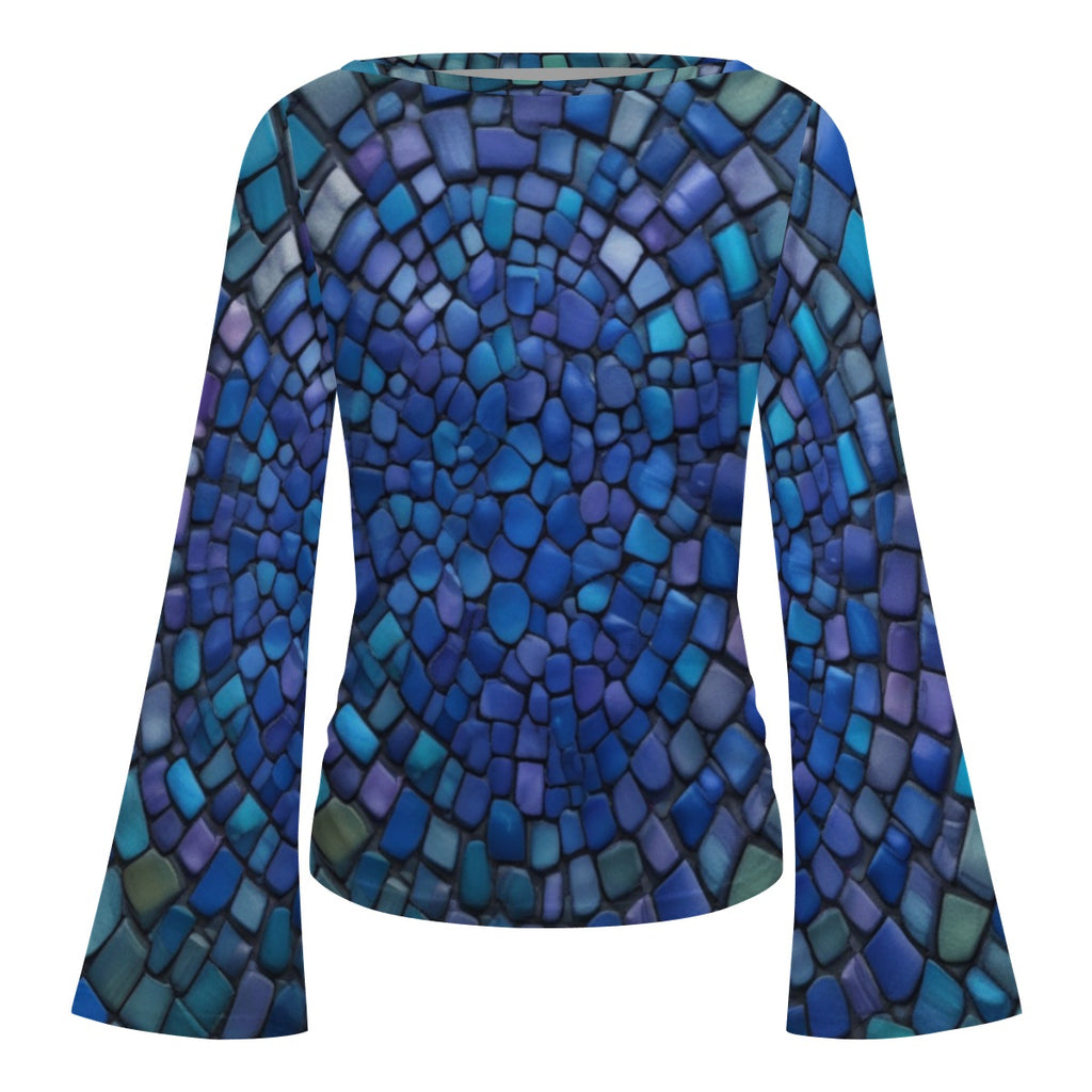 Women's Boat Neck Flare Sleeve Blue & Green Scale Print Top