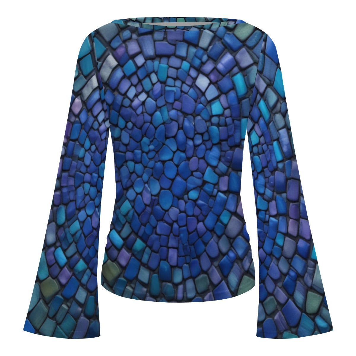 Women's Boat Neck Flare Sleeve Blue & Green Scale Print Top