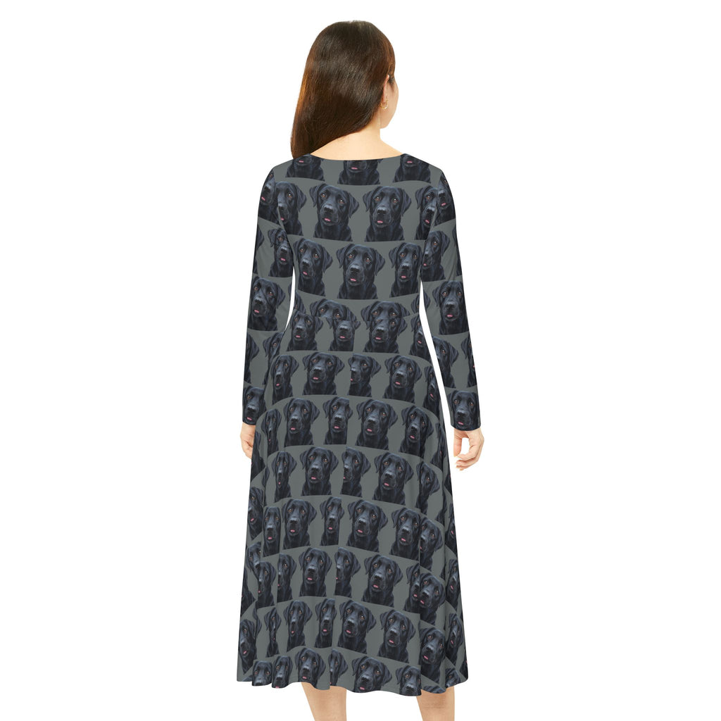 Black Labrador Retriever Lab Dog Wallpaper Print Dress – Women's Long Sleeve AOP