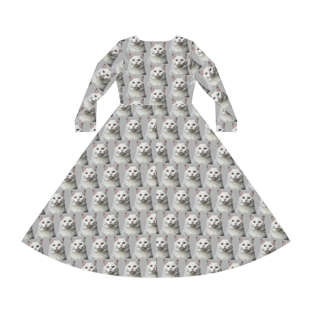 Grey and White Cat Kitty Meow Wallpaper Print Dress – Women's Long Sleeve AOP