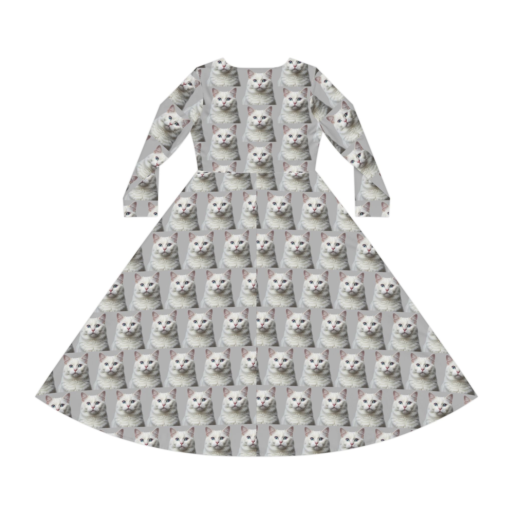 Grey and White Cat Kitty Meow Wallpaper Print Dress – Women's Long Sleeve AOP