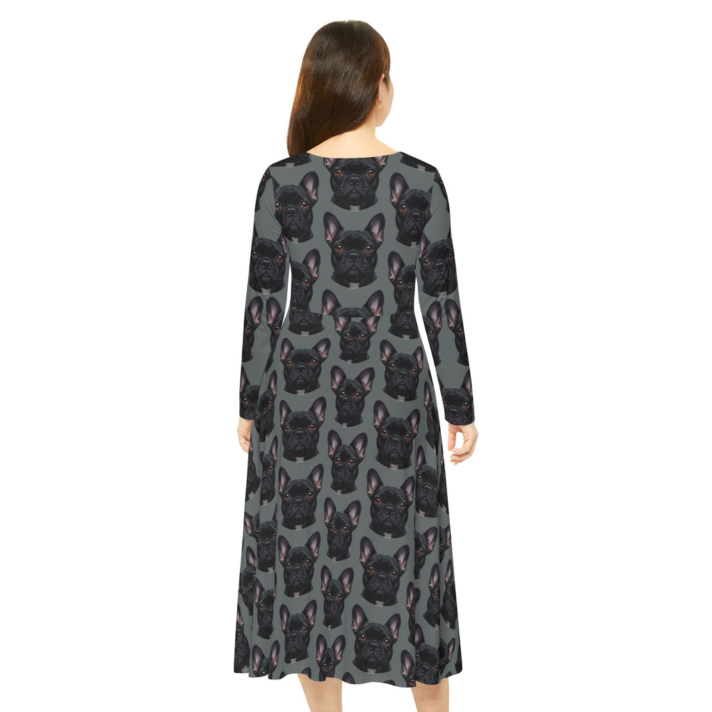Black Frenchie French Bulldog Grey Wallpaper Print Dress – Women's Long Sleeve AOP
