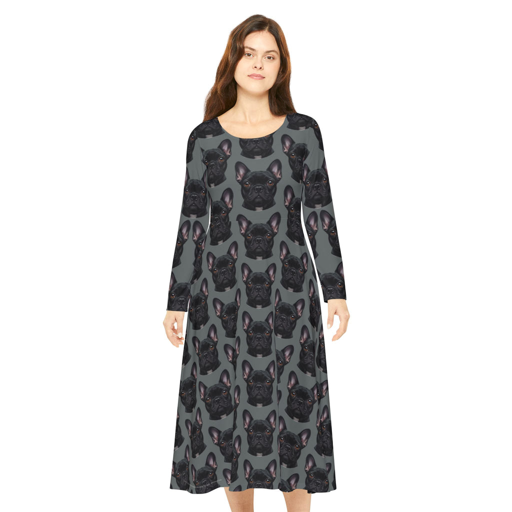 Black Frenchie French Bulldog Grey Wallpaper Print Dress – Women's Long Sleeve AOP