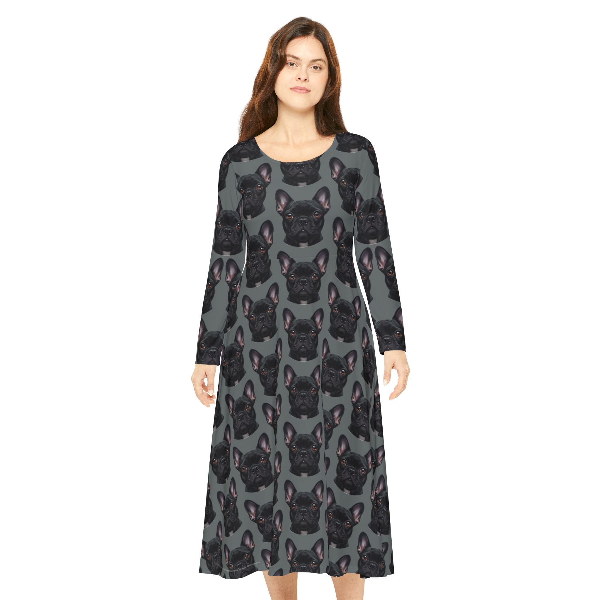 Black Frenchie French Bulldog Grey Wallpaper Print Dress – Women's Long Sleeve AOP