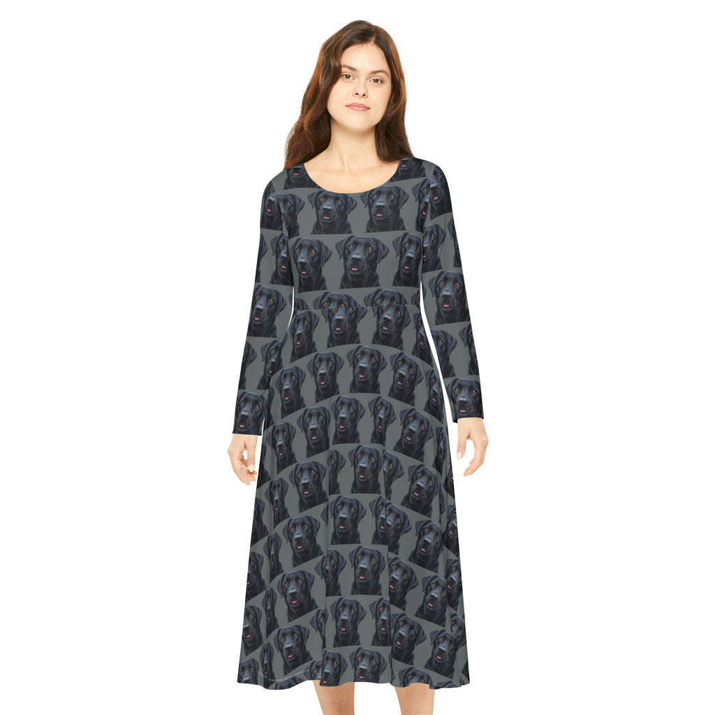 Black Labrador Retriever Lab Dog Wallpaper Print Dress – Women's Long Sleeve AOP