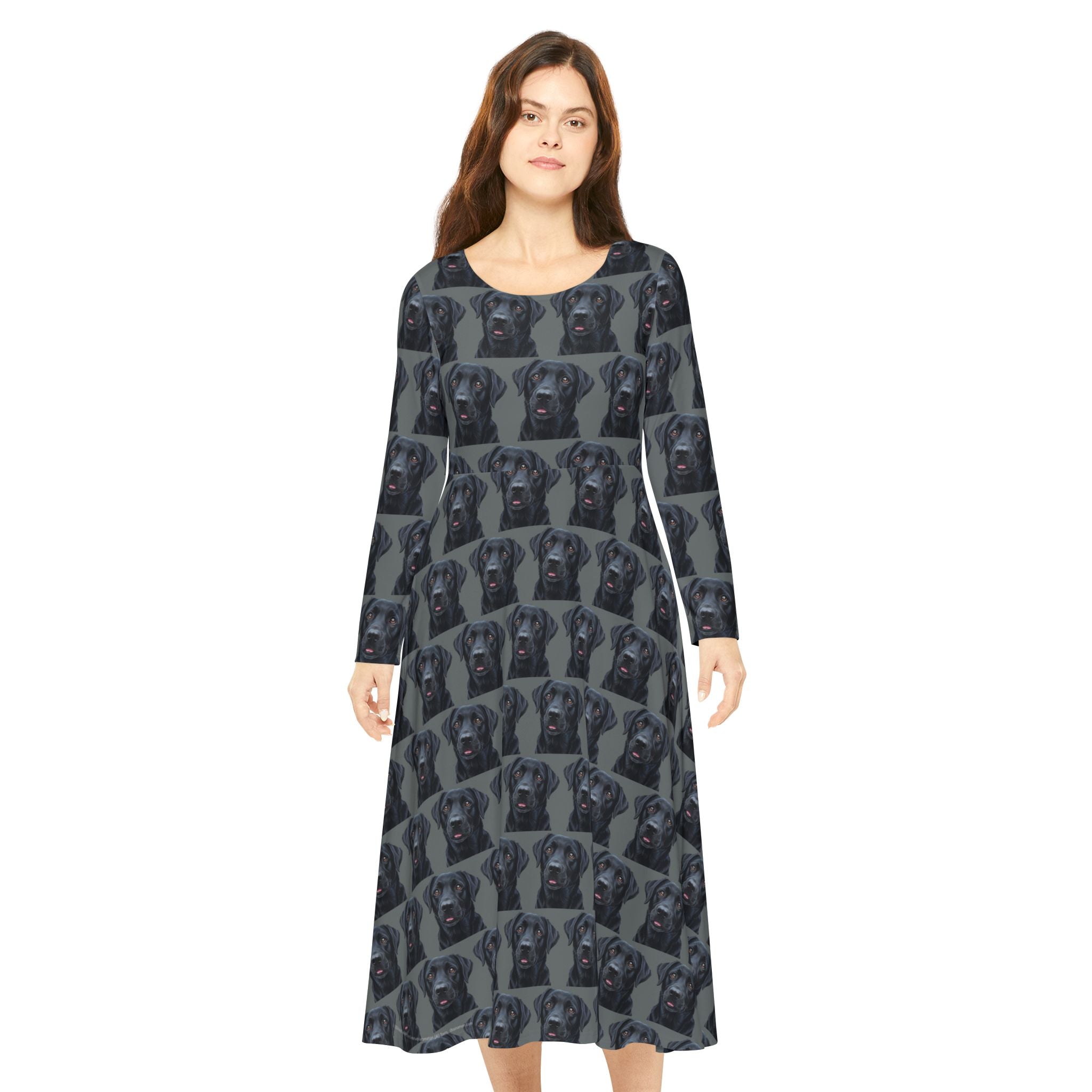 Black Labrador Retriever Lab Dog Wallpaper Print Dress – Women's Long Sleeve AOP