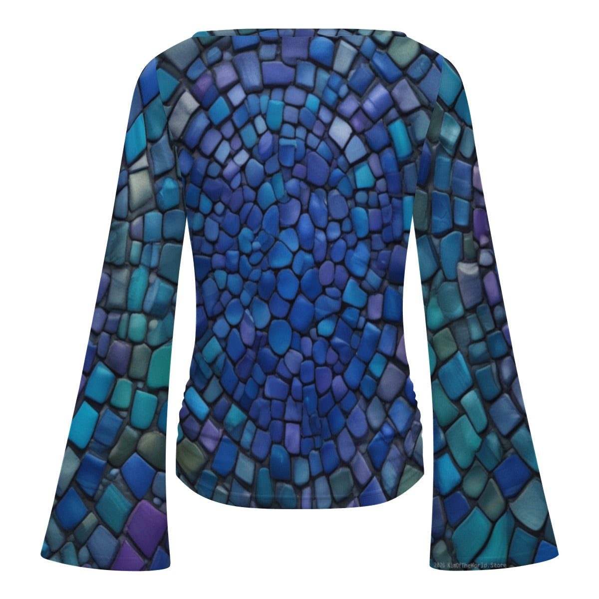 Women's Boat Neck Flare Sleeve Blue & Green Scale Print Top