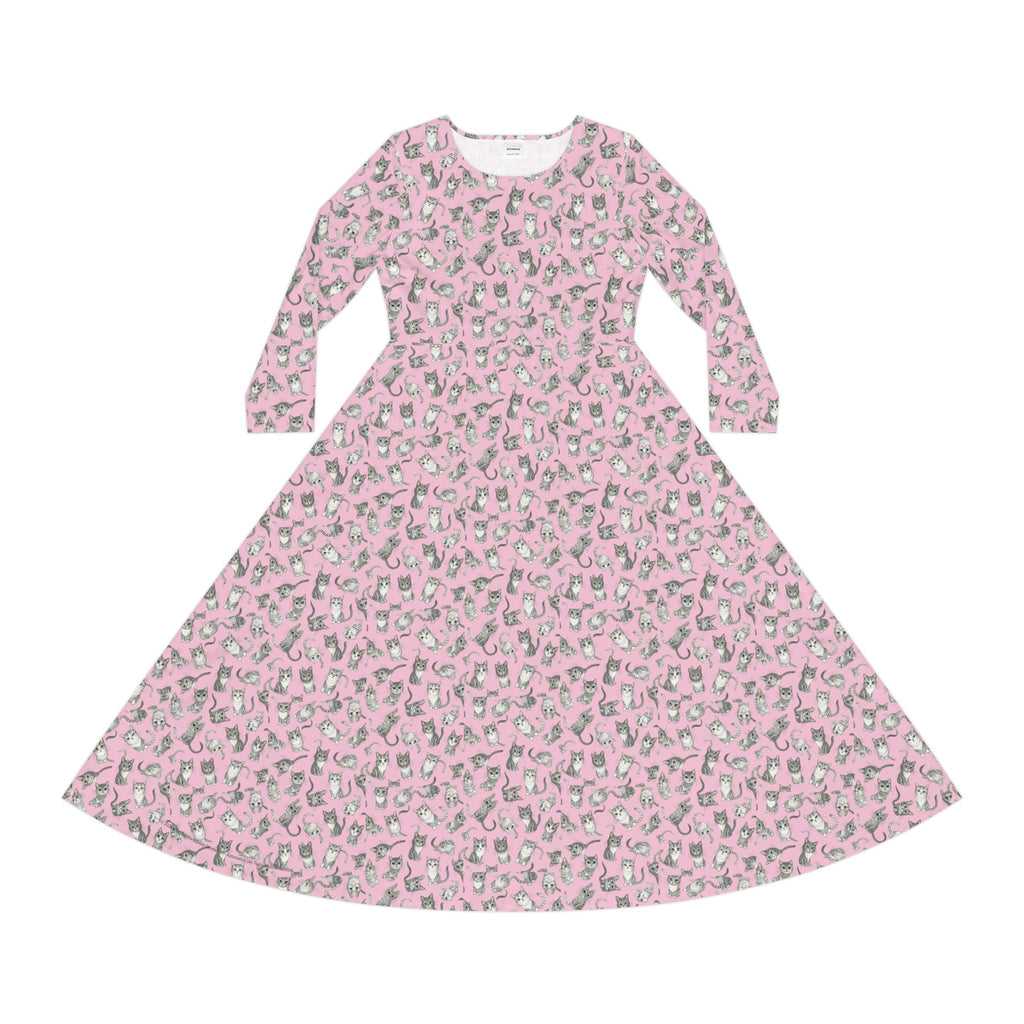 Pink Kitty Cat Tile  Wallpaper Print Dress – Women's Long Sleeve AOP