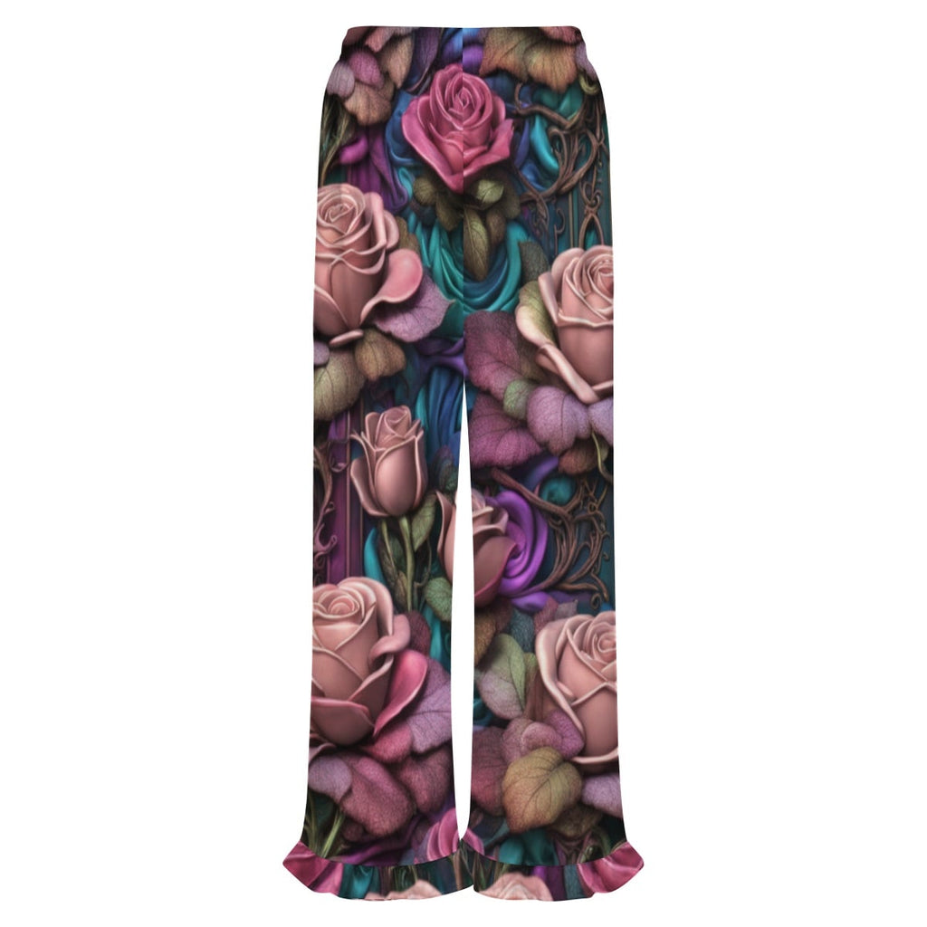 Women's Ruffled Pajama Pants - Large Gothic Rose Print