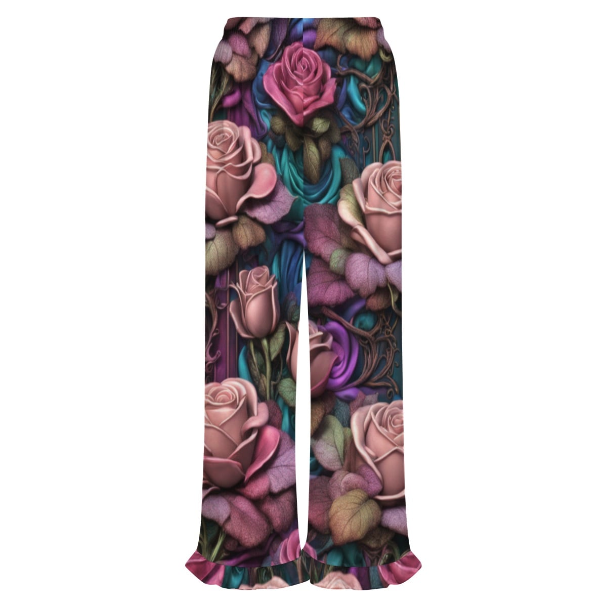 Women's Ruffled Pajama Pants - Large Gothic Rose Print