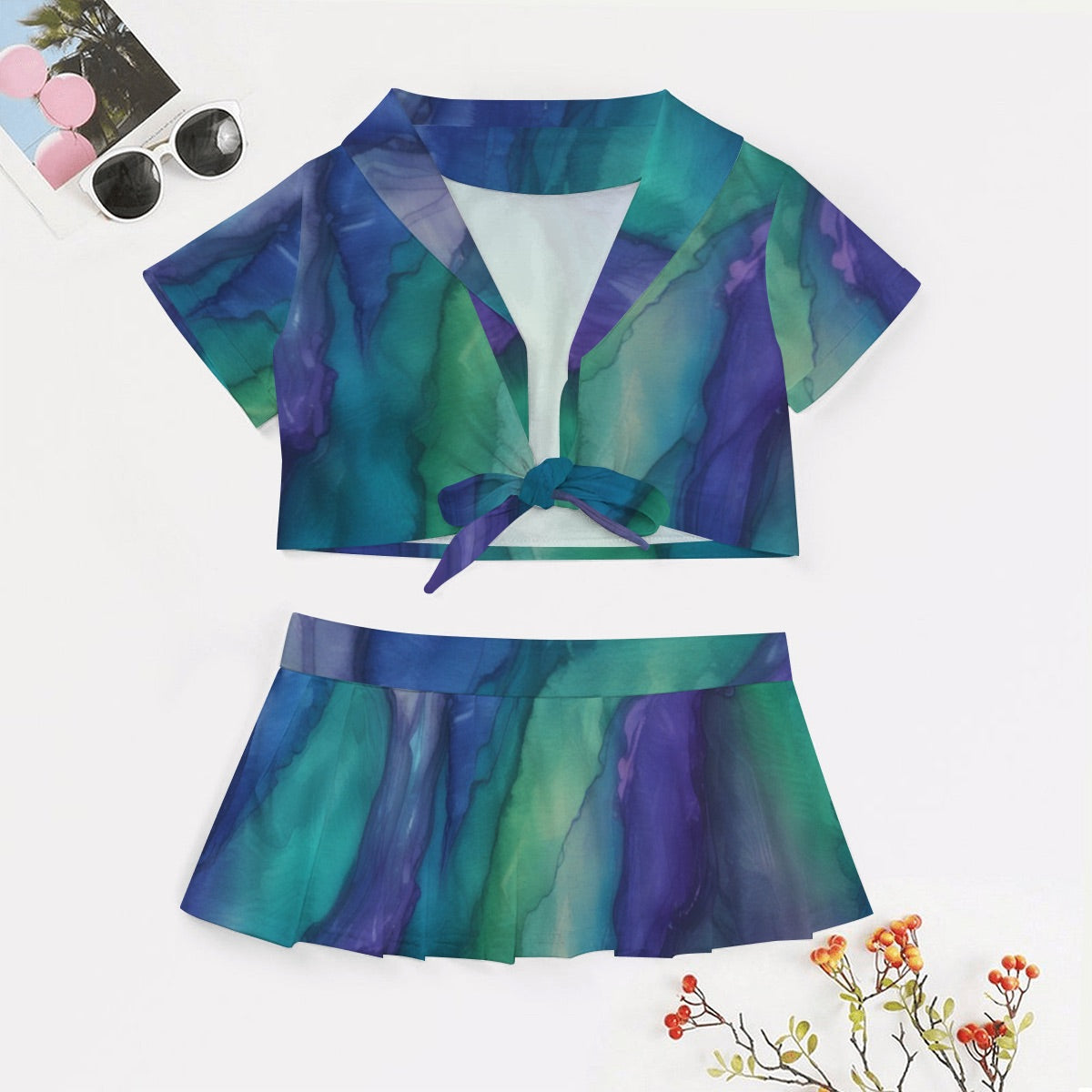 Cheerleading Uniform Set - Blue and Green Leaf Design