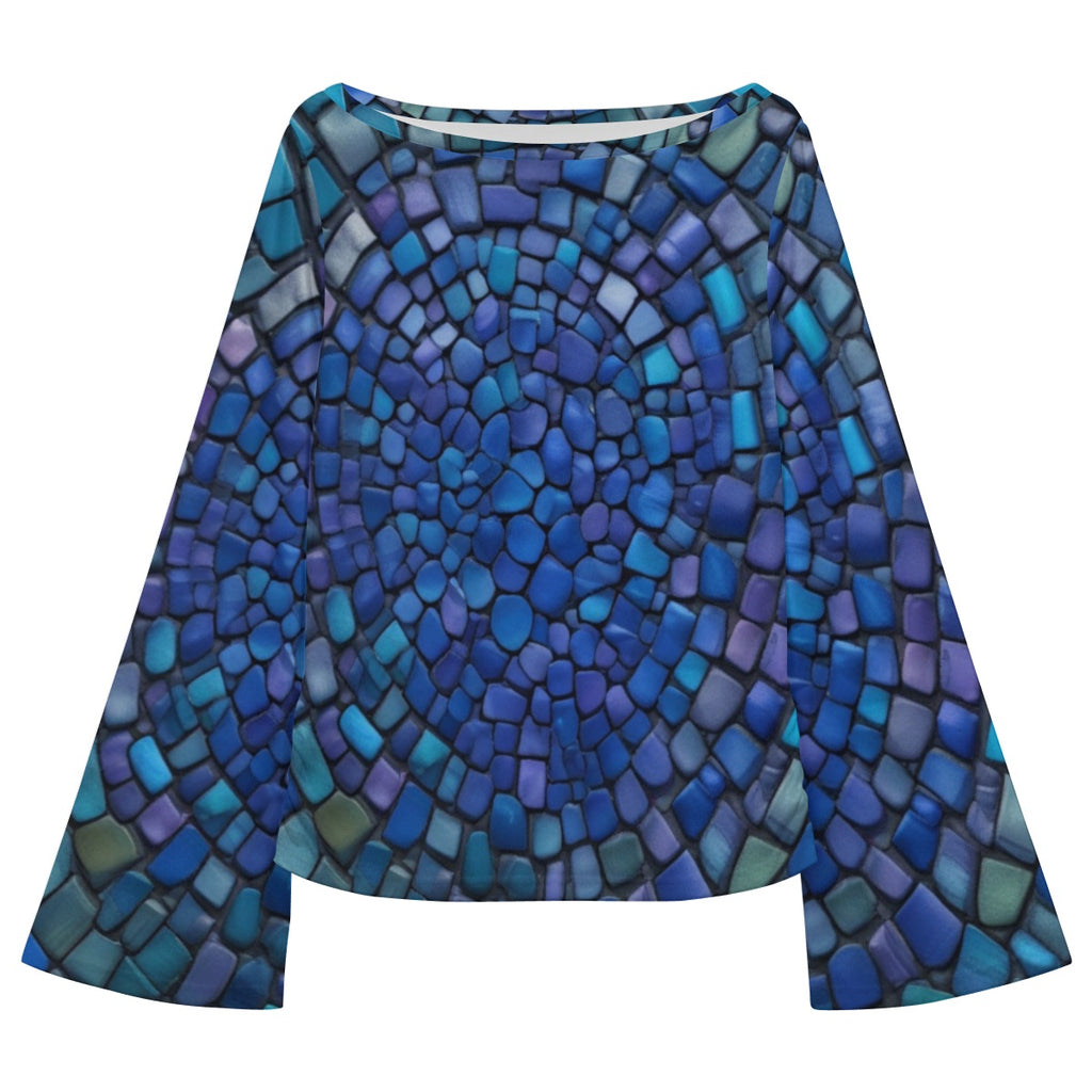 Women's Boat Neck Flare Sleeve Blue & Green Scale Print Top