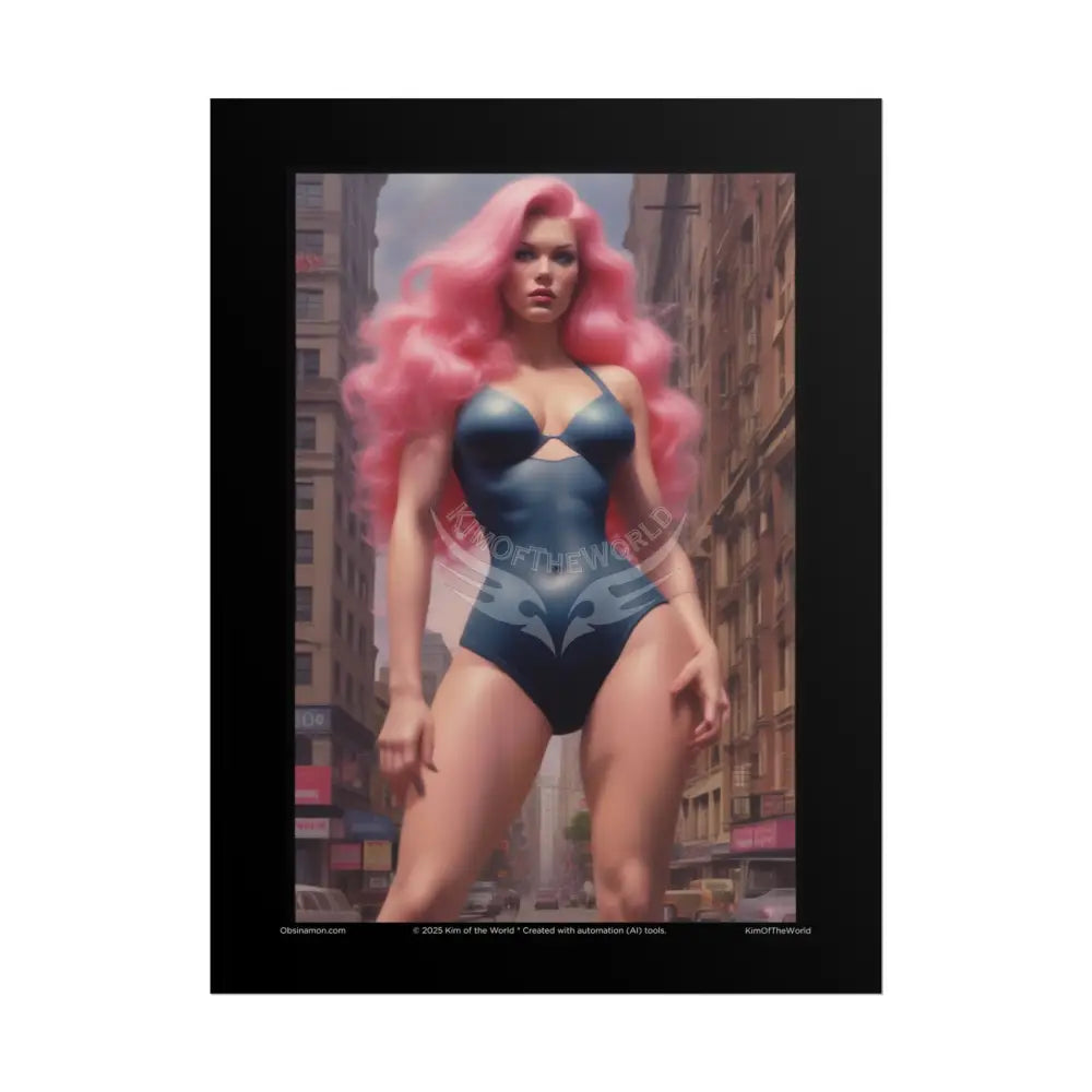 Action Comic Book Giant Fashion Lady Tall Girl Fashion Giantess Pink Hair Superhero Heroine Empowered Woman Poster —