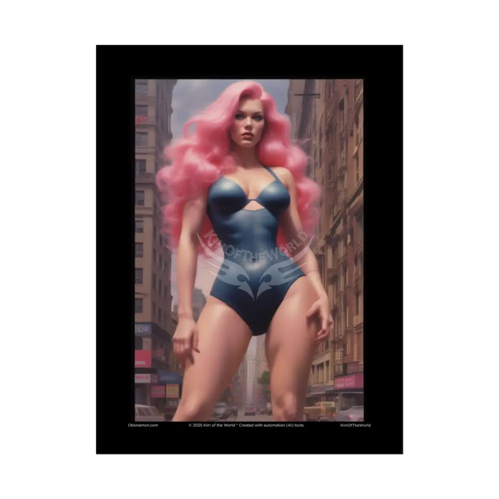 Action Comic Book Giant Fashion Lady Tall Girl Fashion Giantess Pink Hair Superhero Heroine Empowered Woman Poster —