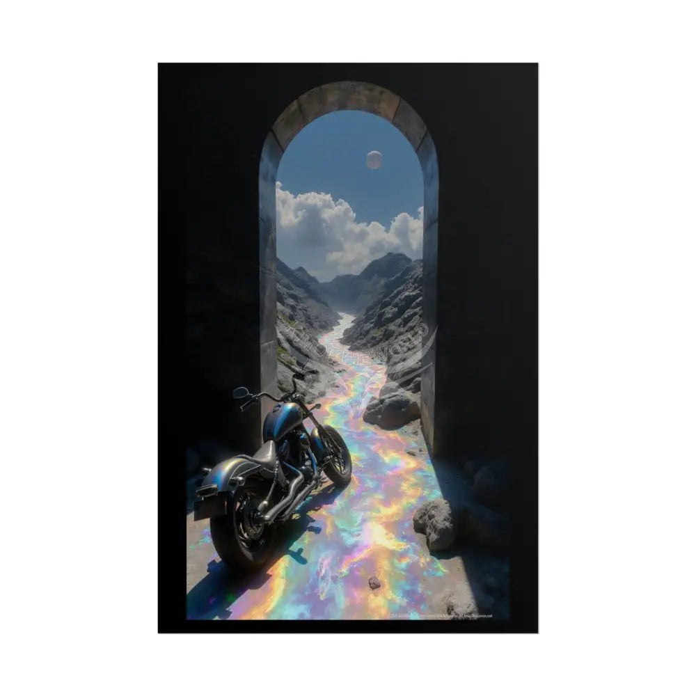 ’Along the Iridescent River’ Motorcycle Surreal Fantasy Portal Poster — Dreamscape Ruins Rolled Art Print 20″ x 30″