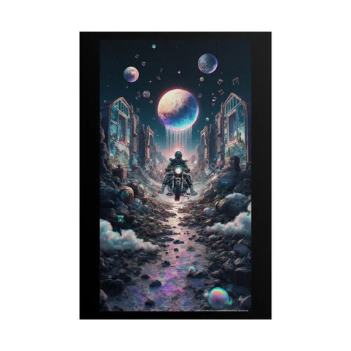 ’Along the Iridescent River’ Motorcycle Surreal Fantasy Portal Poster — Dreamscape Ruins Rolled Art Print 20″ x 30″