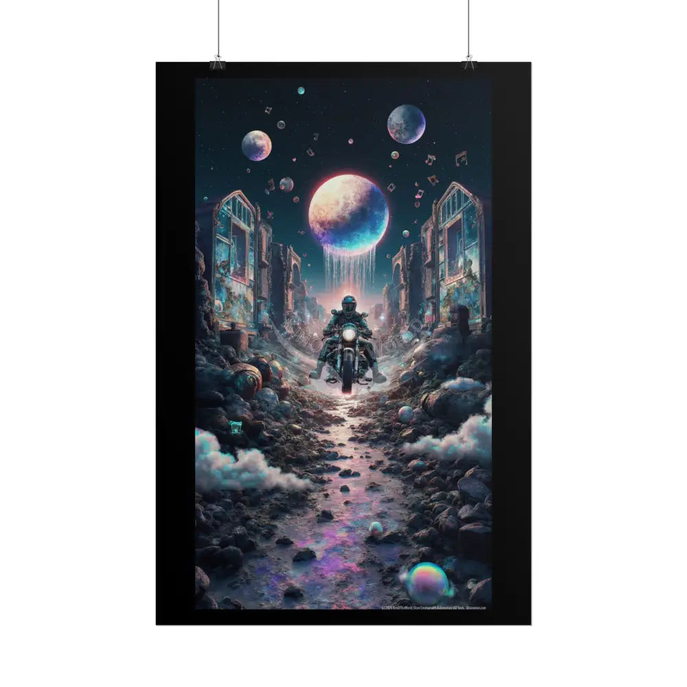 ’Along the Iridescent River’ Motorcycle Surreal Fantasy Portal Poster — Dreamscape Ruins Rolled Art Print Poster