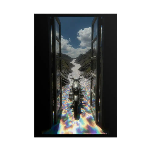 ’Along the Iridescent River’ Motorcycle Surreal Fantasy Portal Poster — Dreamscape Ruins Rolled Art Print 24’’ x 36’’