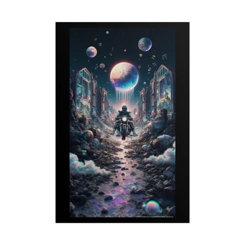 ’Along the Iridescent River’ Motorcycle Surreal Fantasy Portal Poster — Dreamscape Ruins Rolled Art Print 24’’ x 36’’