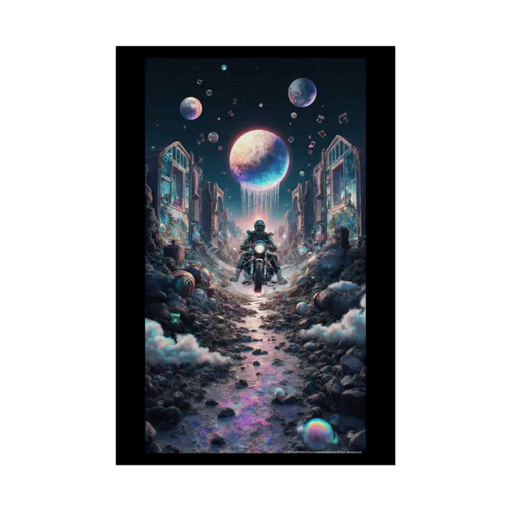 ’Along the Iridescent River’ Motorcycle Surreal Fantasy Portal Poster — Dreamscape Ruins Rolled Art Print 24’’ x 36’’