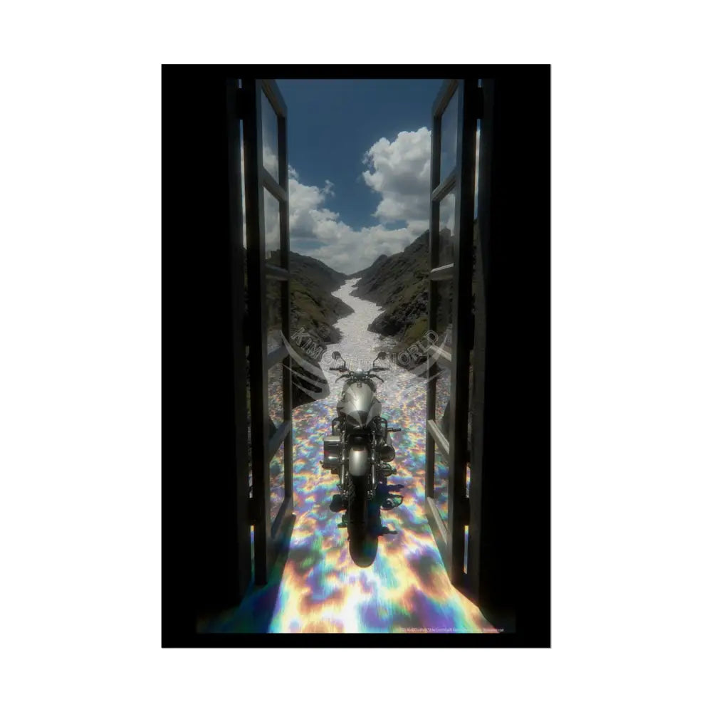 ’Along the Iridescent River’ Motorcycle Surreal Fantasy Portal Poster — Dreamscape Ruins Rolled Art Print 24’’ x 36’’
