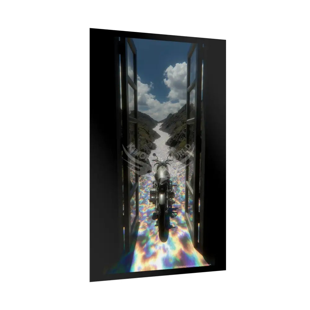 ’Along the Iridescent River’ Motorcycle Surreal Fantasy Portal Poster — Dreamscape Ruins Rolled Art Print Poster