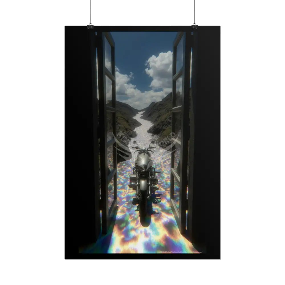 ’Along the Iridescent River’ Motorcycle Surreal Fantasy Portal Poster — Dreamscape Ruins Rolled Art Print Poster