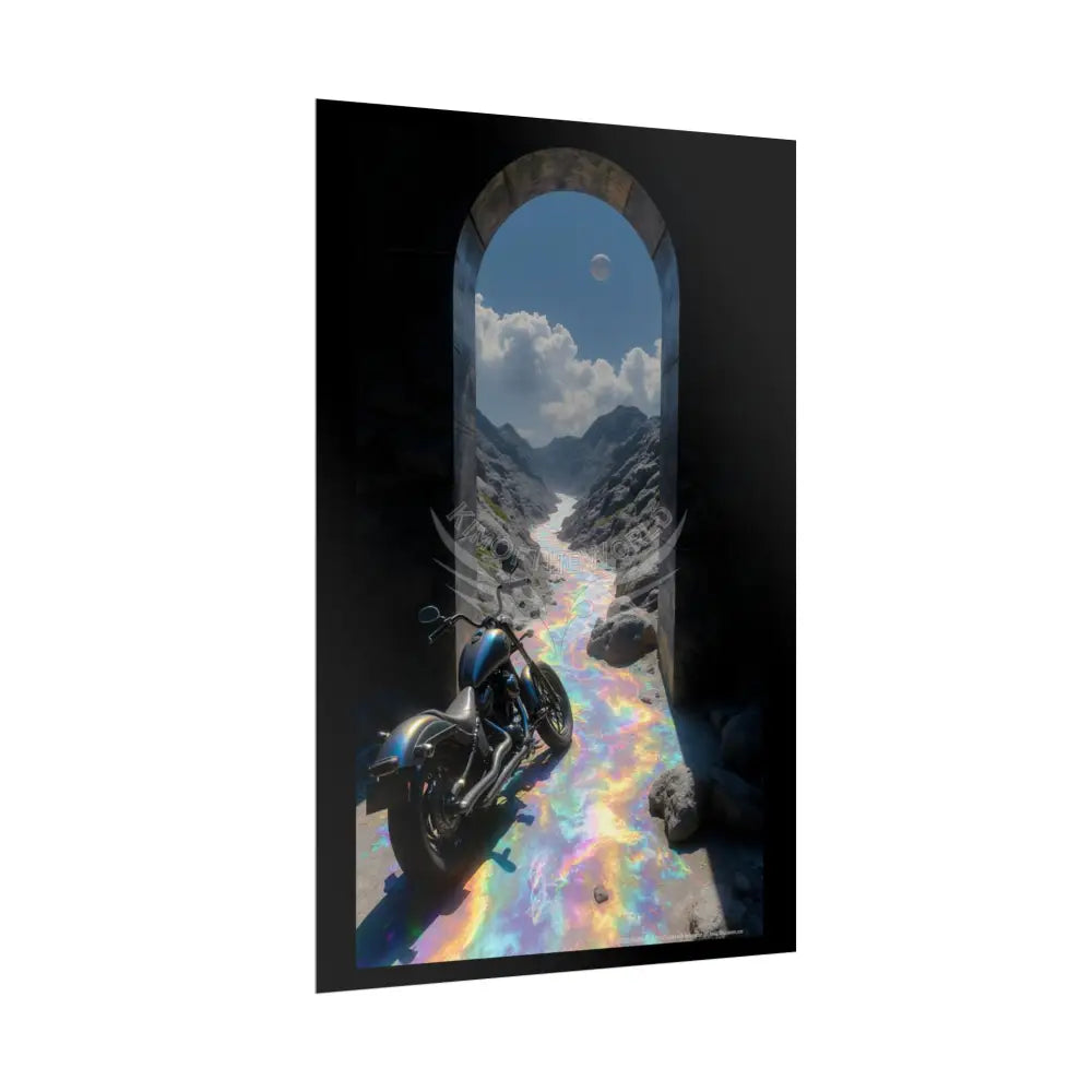 ’Along the Iridescent River’ Motorcycle Surreal Fantasy Portal Poster — Dreamscape Ruins Rolled Art Print Poster