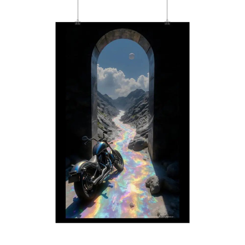 ’Along the Iridescent River’ Motorcycle Surreal Fantasy Portal Poster — Dreamscape Ruins Rolled Art Print Poster