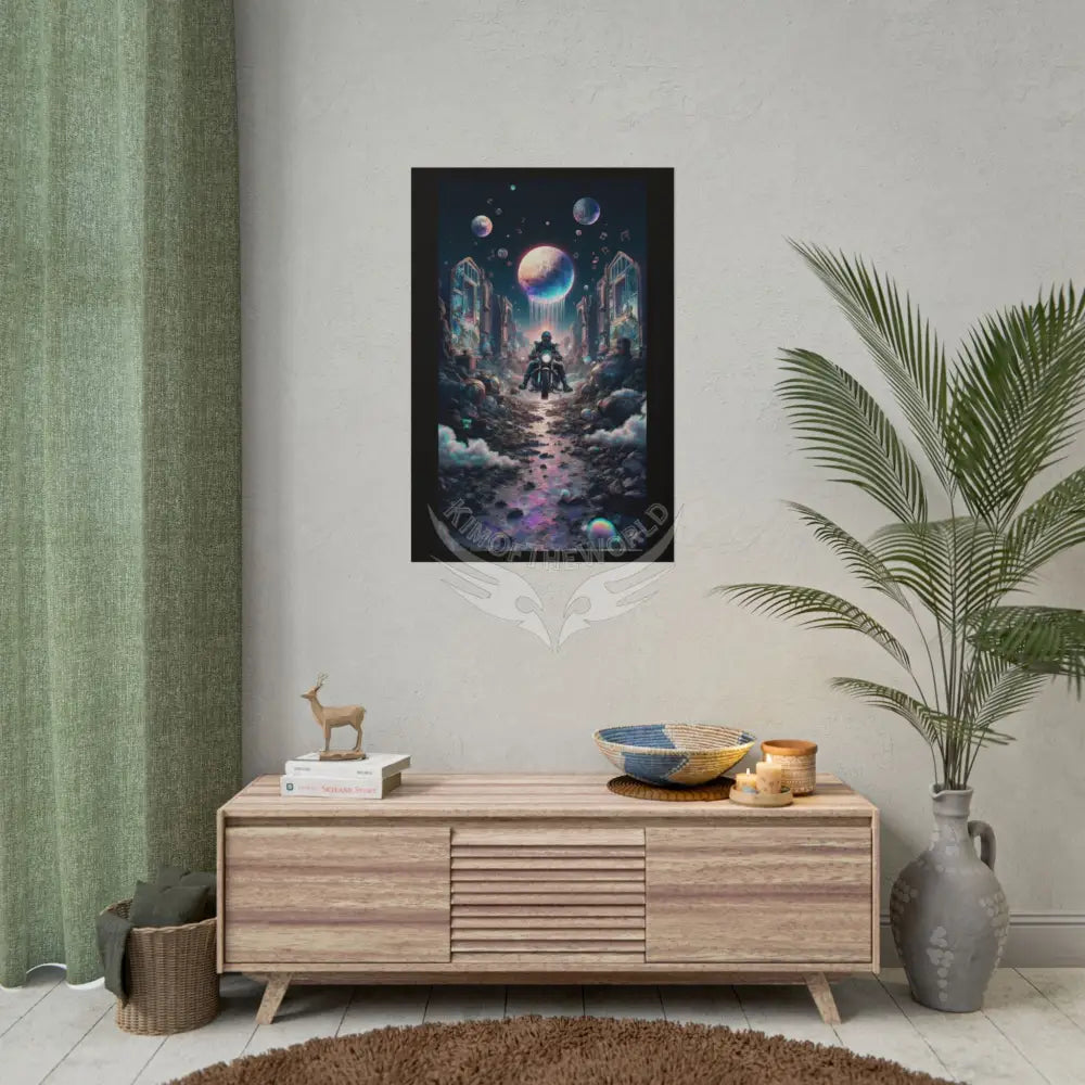 ’Along the Iridescent River’ Motorcycle Surreal Fantasy Portal Poster — Dreamscape Ruins Rolled Art Print Poster