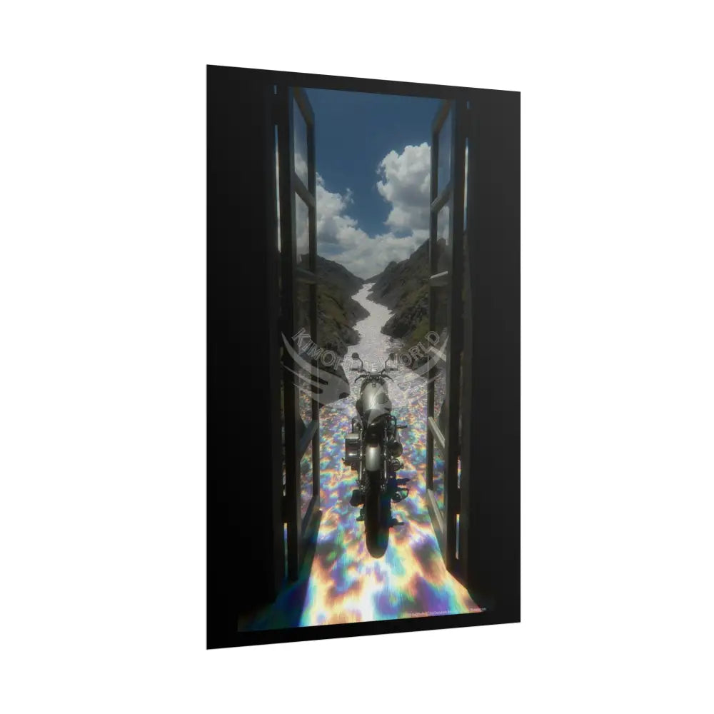 ’Along the Iridescent River’ Motorcycle Surreal Fantasy Portal Poster — Dreamscape Ruins Rolled Art Print Poster