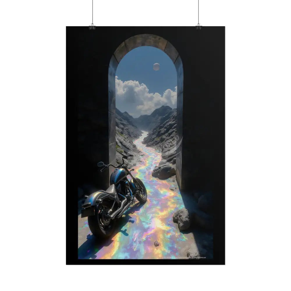 ’Along the Iridescent River’ Motorcycle Surreal Fantasy Portal Poster — Dreamscape Ruins Rolled Art Print Poster