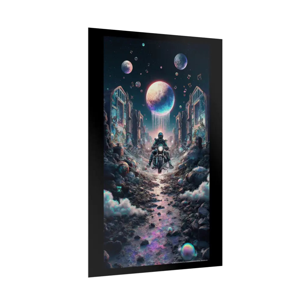 ’Along the Iridescent River’ Motorcycle Surreal Fantasy Portal Poster — Dreamscape Ruins Rolled Art Print Poster