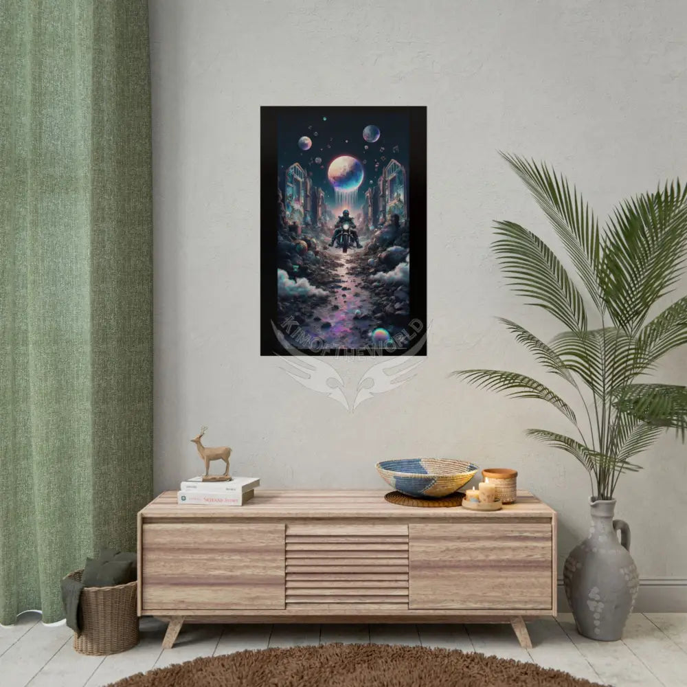 ’Along the Iridescent River’ Motorcycle Surreal Fantasy Portal Poster — Dreamscape Ruins Rolled Art Print Poster