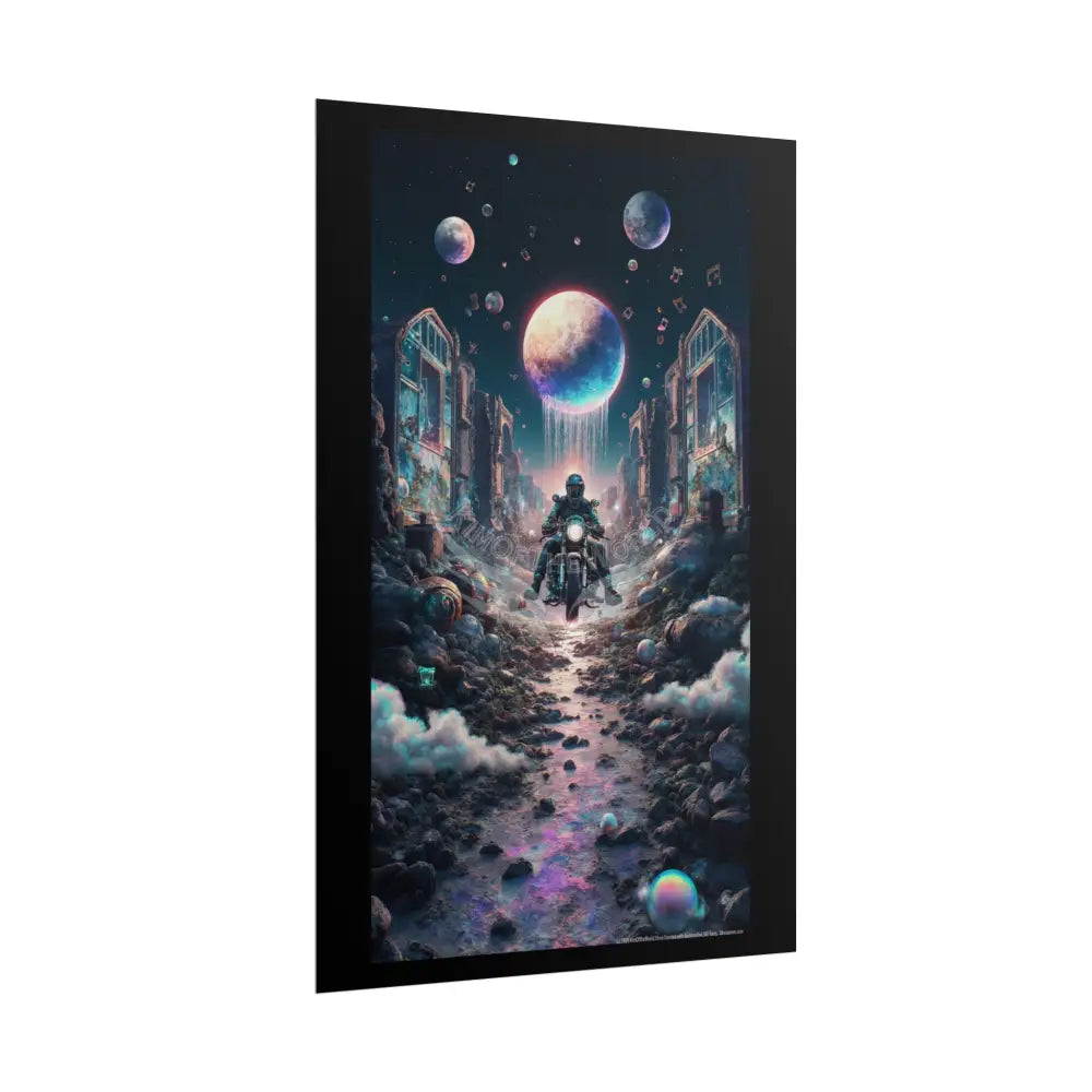 ’Along the Iridescent River’ Motorcycle Surreal Fantasy Portal Poster — Dreamscape Ruins Rolled Art Print Poster