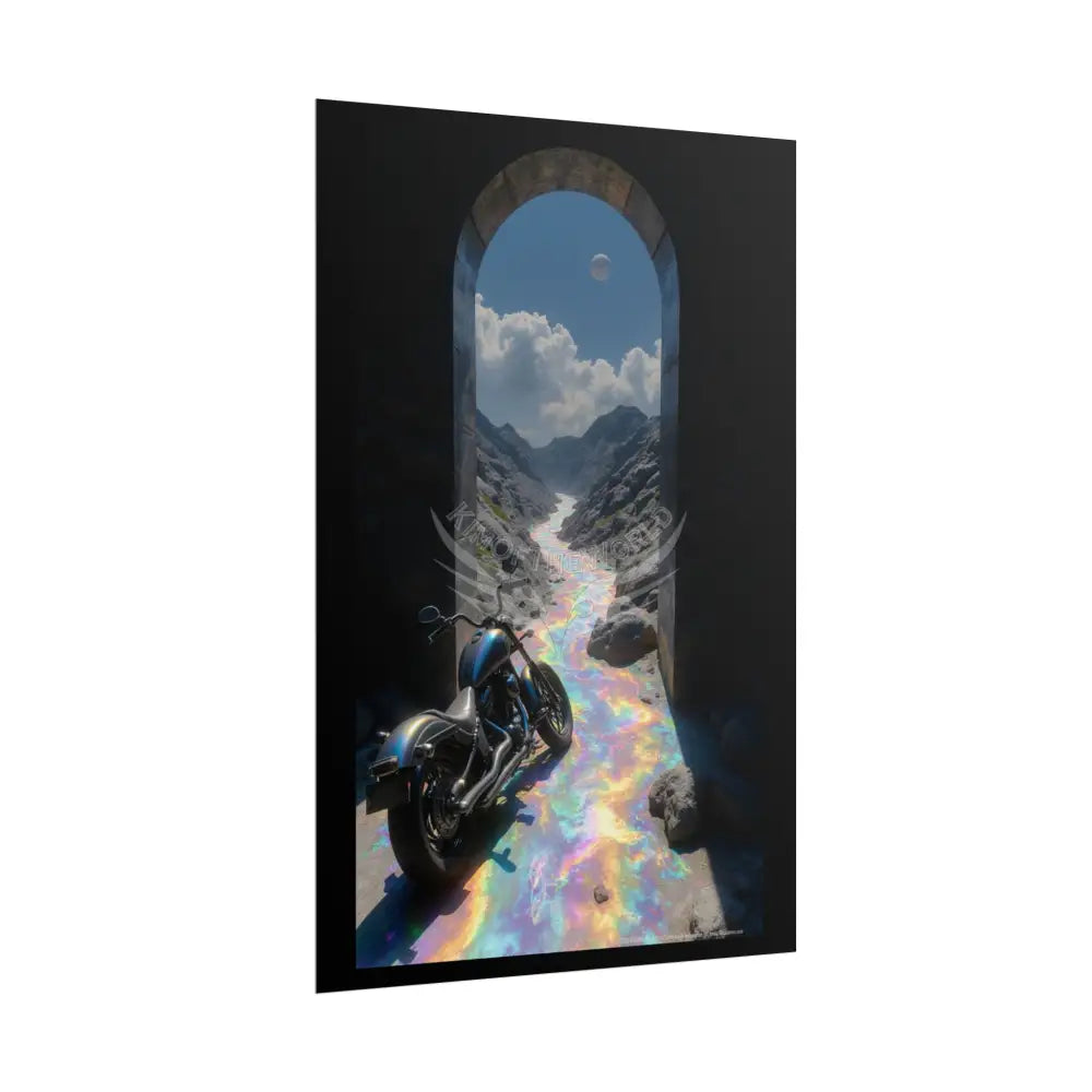 ’Along the Iridescent River’ Motorcycle Surreal Fantasy Portal Poster — Dreamscape Ruins Rolled Art Print Poster