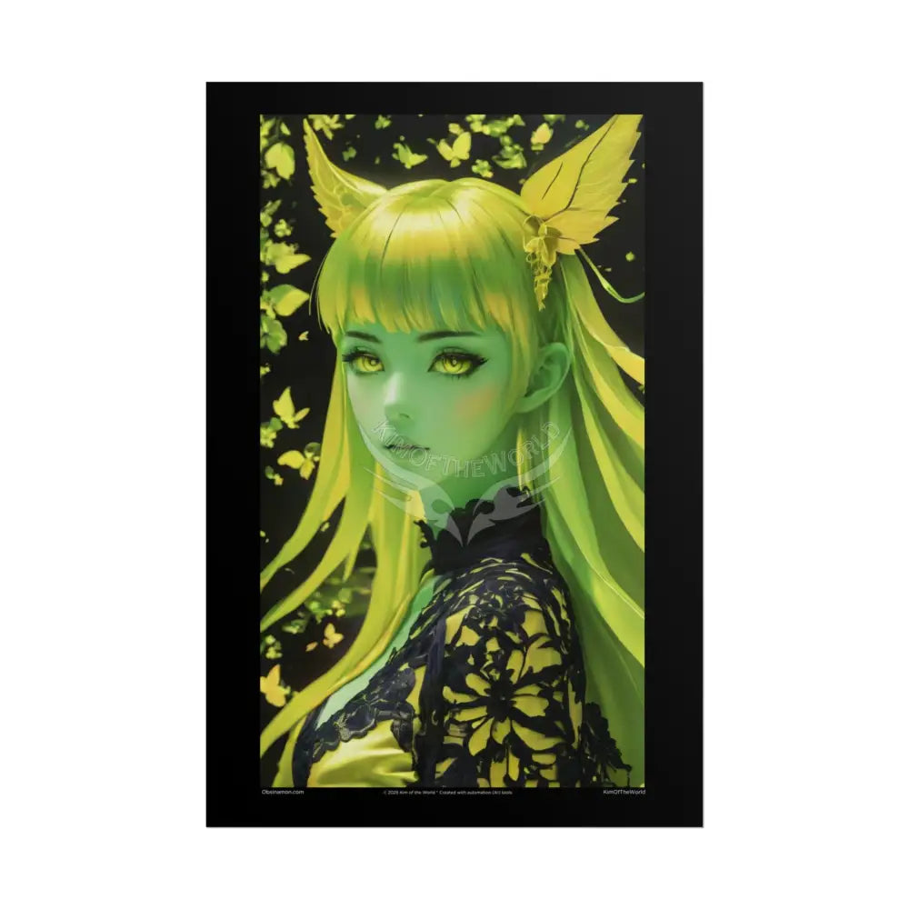 Anime 3D Green and Gold Foil Leaf Woman Lady Poster — Nature-Inspired Rolled Framable Print green and gold motif 20″ x