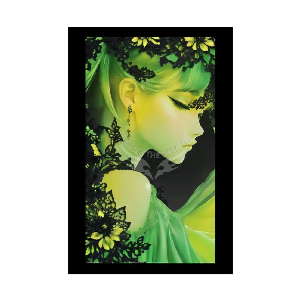 Anime 3D Green and Gold Foil Leaf Woman Lady Poster — Nature-Inspired Rolled Framable Print green and gold motif 24’’ x